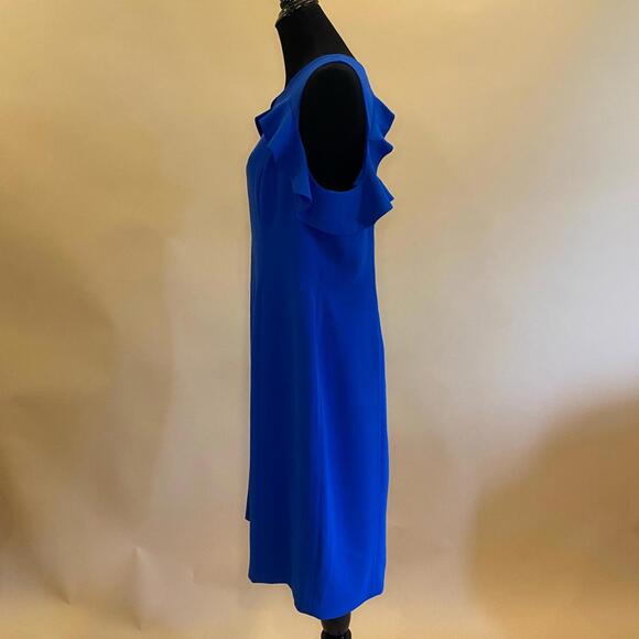Maggy London Royal Blue Cold Shoulder Ruffle Sheath Midi Dress Size 16 - Picture 4 of 8